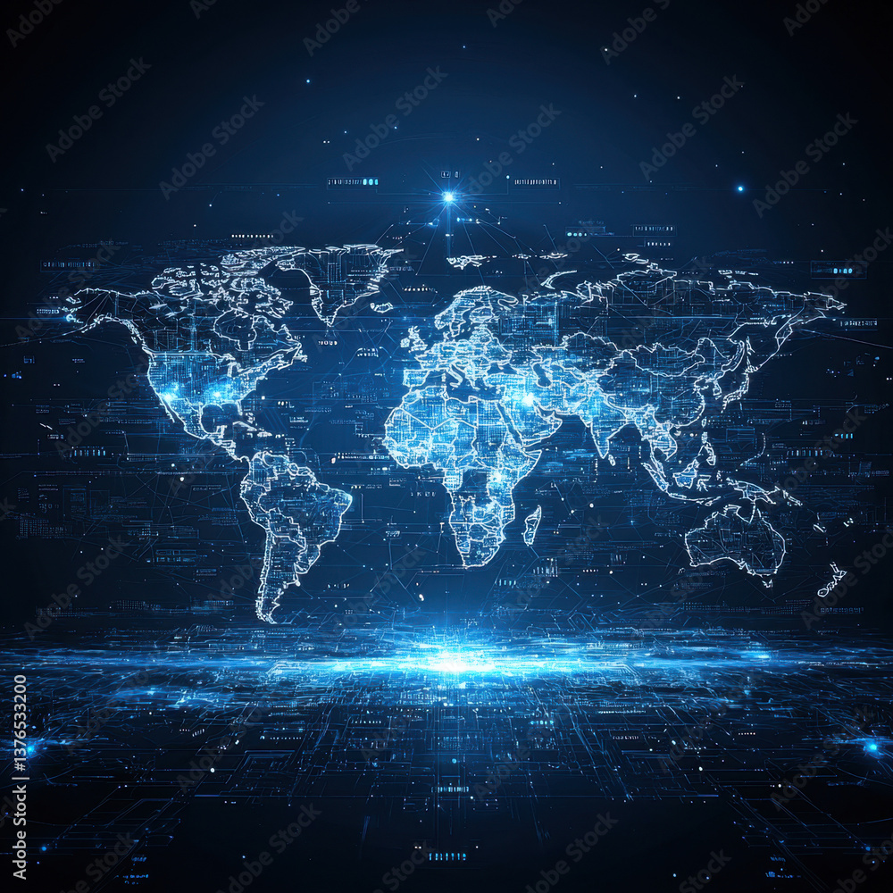Poster abstract glowing digital world map futuristic technology and global network visualization
