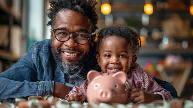 Happy Black father and child smiling while saving money with a piggy bank, surrounded by coins, highlighting financial education and family bonding in a cozy indoor setting.
