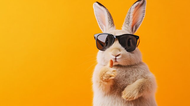quirky Easter hare pet with shades giving a thumbs-up on a vivid orange scene  
