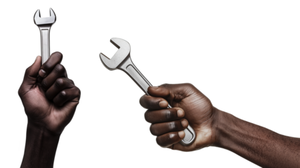 hand holding mechanical tool, wrench