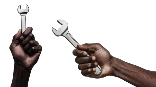 hand holding mechanical tool, wrench