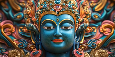 Naklejka premium Transcendent Realms: DMT-Inspired Artistic Vision of Heaven and Mindful Religion in Bangkok's Colourful Culture