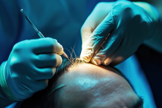 Hair transplant surgery close-up: surgeon using fine tools to implant grafts on patient's hairline for cosmetic restoration.