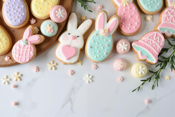 Top View of Easter-Themed Gingerbread Cookies with Pastel Icing (Eggs, Bunnies, Kulich, Bells). Frame for text