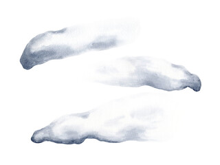 Fototapeta premium Set of smoke, steam, fume isolated on white. Watercolor vapor flutters in the wind. Illustration changes from grey to transparent steam at the end. Drawn to smoke stacks or arrangement with cigarets