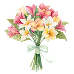 Fototapeta premium Bouquet of Pink, Yellow, and White Plumeria Flowers with Light Green Ribbon on Transparent Background