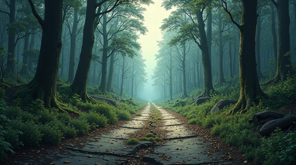 Obraz premium Serene forest pathway leading into misty greenery 