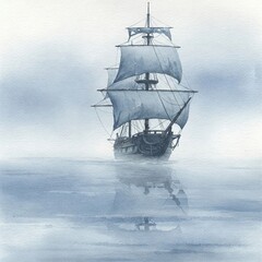 Ghost Ship Reflected In Still Blue Sea