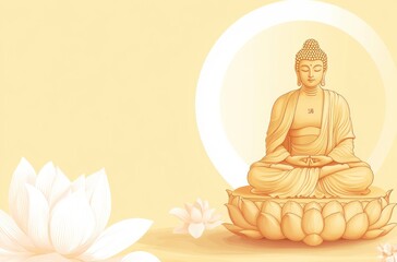 Meditating Buddha Illustration with Lotus Flowers and Spiritual Background