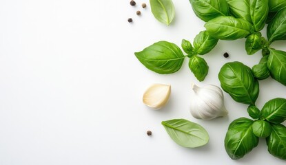 Fresh basil and garlic spices arranged on a white background.  Aromatic herbs and vegetables, ready to use for cooking