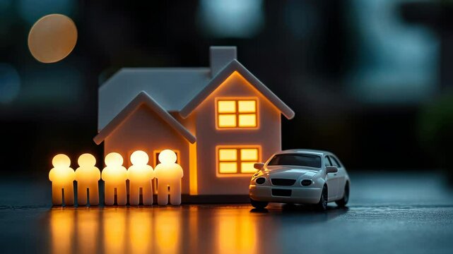House and Car Insurance Concept, Miniature house with glowing windows, toy car, and figures representing family life and joy.