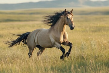 Fototapeta premium Majestic Buckskin Horse in Full Motion, Rearing Against a Lush Prairie Backdrop