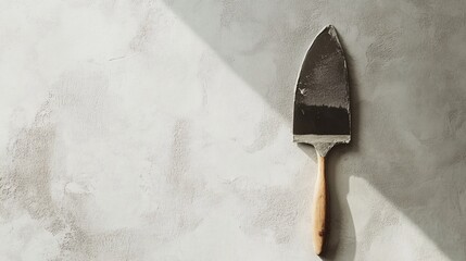 A minimalist composition of a single trowel and a smooth plaster surface, soft natural lighting