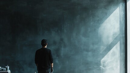 A minimalist home interior mid-renovation, a worker plastering a feature wall, soft ambiance