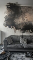 Fire Damage in Living Room With Smoke and Debris Visible From a Recent Incident