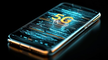 A smartphone displays a glowing 5G network graphic against a dark background, emphasizing advanced technology and connectivity.