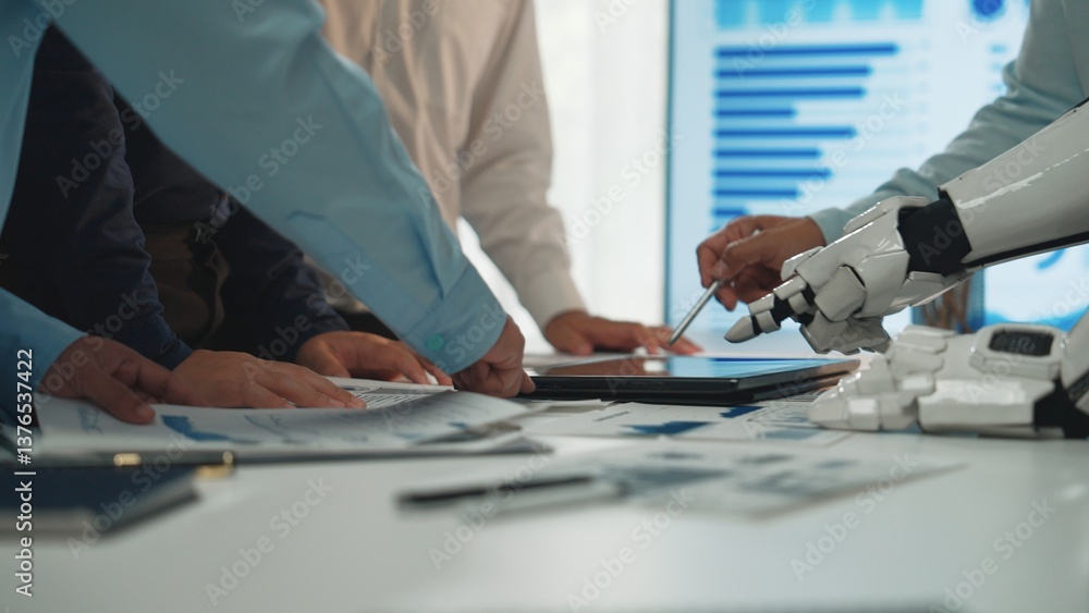 Poster a dynamic workspace where human hands collaborate with a robotic arm, analyzing data and creating pl