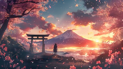 a samurai standing under a torii gate at sunset, Mount Fuji in the background
