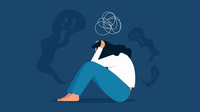 Animated of sad woman sitting on the ground, holding her head. Confused thoughts swirl above her, while ghost-like shapes around her. symbolizing anxiety, depression, and emotional distress. 4K