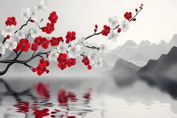 Plum Blossom Tree Branch with Mountains - Chinese Painting Style