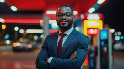 Confident black businessman in suit and red tie standing with arms crossed at brightly lit gas station at night showing ambition and professionalism. Fuel business, gas station manager.