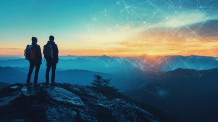 Obraz premium Environmentalists stand on a mountain peak, using AI to predict climate patterns, as the sun sets over a vast landscape