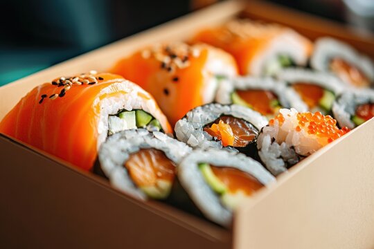 Close-up of a sushi delivery box with fresh, flavorful rolls arranged with artistic precision