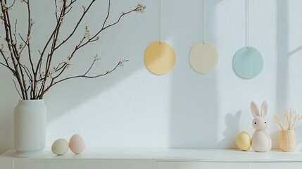 A clean, minimal interior with geometric felt Easter shapes like circles, eggs and rabbits, hanging on a light-toned wall