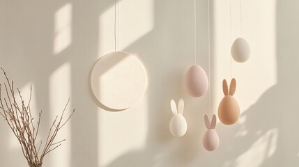 A clean, minimal interior with geometric felt Easter shapes like circles, eggs and rabbits, hanging on a light-toned wall