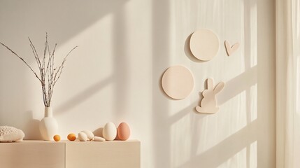 A clean, minimal interior with geometric felt Easter shapes like circles, eggs and rabbits, hanging on a light-toned wall