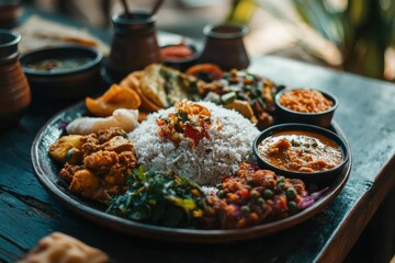 Exquisite Thali Plate: A Culinary Symphony of Indian Cuisine with Rice, Curries, and Vegetable Medley