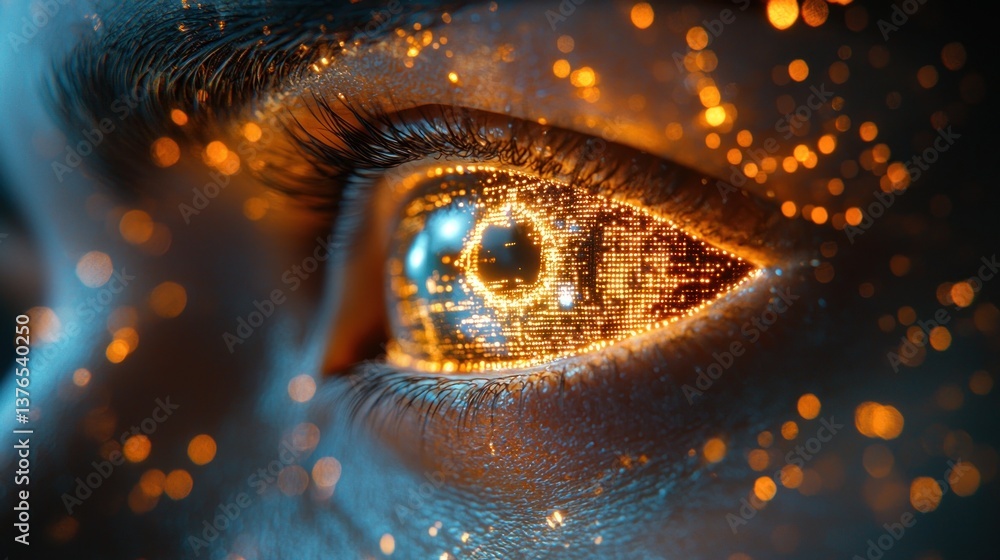 Poster close-up of a digitally enhanced eye, glowing with intricate patterns and sparks