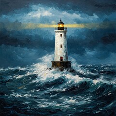 Glowing Beacon Stands In Wild Sea Storm