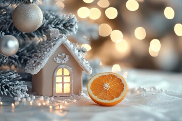 Decorative Holiday House With Lights and Orange Slice During Winter Festivities