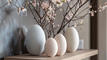 A high-end, modern home with Easter felt decorations subtly incorporated into the sleek wall decor