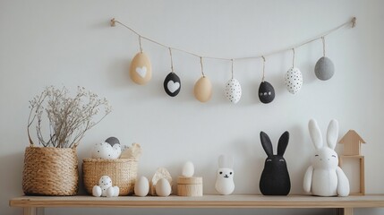 A Nordic-inspired Easter garland with monochrome felt decorations, suspended above a stylish wooden shelf