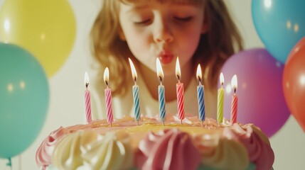 A little girl blows out the candles on a birthday cake on her birthday