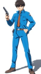 Young Man with Gun, Blue Suit, and Studio.
