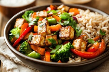 Fototapeta premium Mouthwatering Vegetable Stir-Fry: Tofu Cubes with Colorful Veggies and Brown Rice in a Rustic Bowl