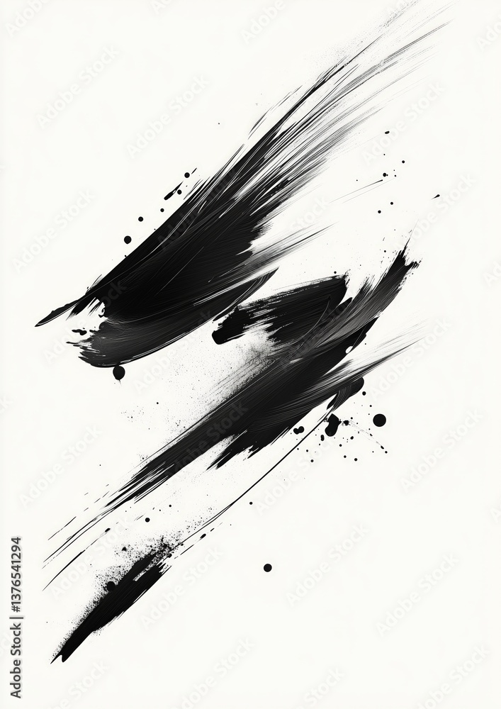 Poster abstract black brushstrokes create dynamic movement on a white background, offering a modern and exp