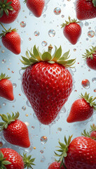 The image is an illustration of a large strawberry with green leaves on top. The strawberry is in the center of the image and is surrounded by smaller strawberries on either side. The background is a 