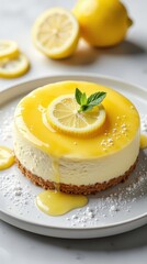 Fototapeta premium a lemon curd cheesecake, presented on a sleek white porcelain plate.