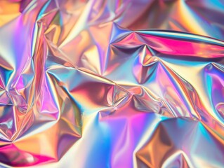 Wrinkled Holographic Foil: An Abstract Backdrop of Iridescent Metallic Texture with Vibrant Multicolor Reflections