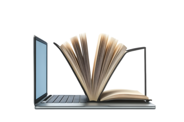 Open book on a laptop screen, isolated on white background. Concept of online learning, digital education, and internet study resources. 3D Rendering