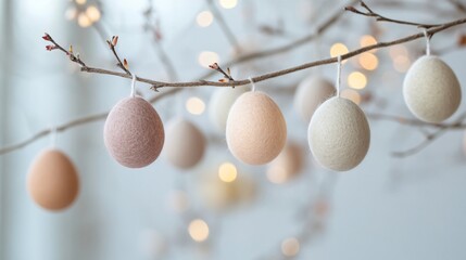 A soft-focus close up of elegant felt Easter ornaments in earthy tones, strung along a thin cotton thread, floating effect
