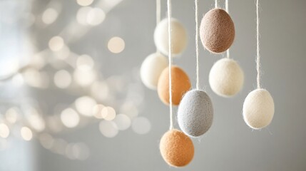 A soft-focus close up of elegant felt Easter ornaments in earthy tones, strung along a thin cotton thread, floating effect