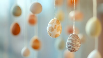 A soft-focus close up of elegant felt Easter ornaments in earthy tones, strung along a thin cotton thread, floating effect