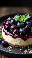 a blueberry cheesecake, presented on a deep, textured slate plate.