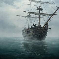 Obraz premium Lonely Wooden Ship In Hazy Distance