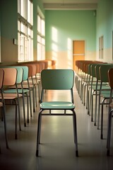 Fototapeta premium Neatly arranged rows of orange and turquoise chairs in school hallway, with a single prominent turquoise chair basking in soft sunlight
